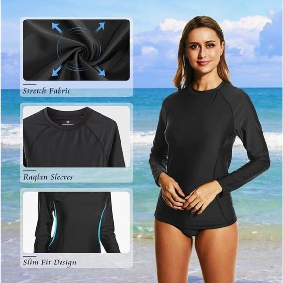 Women's UPF 50+ Rashguard Swim Shirt UV Sun Protection Long Sleeve Black Size SM - Picture 6 of 8